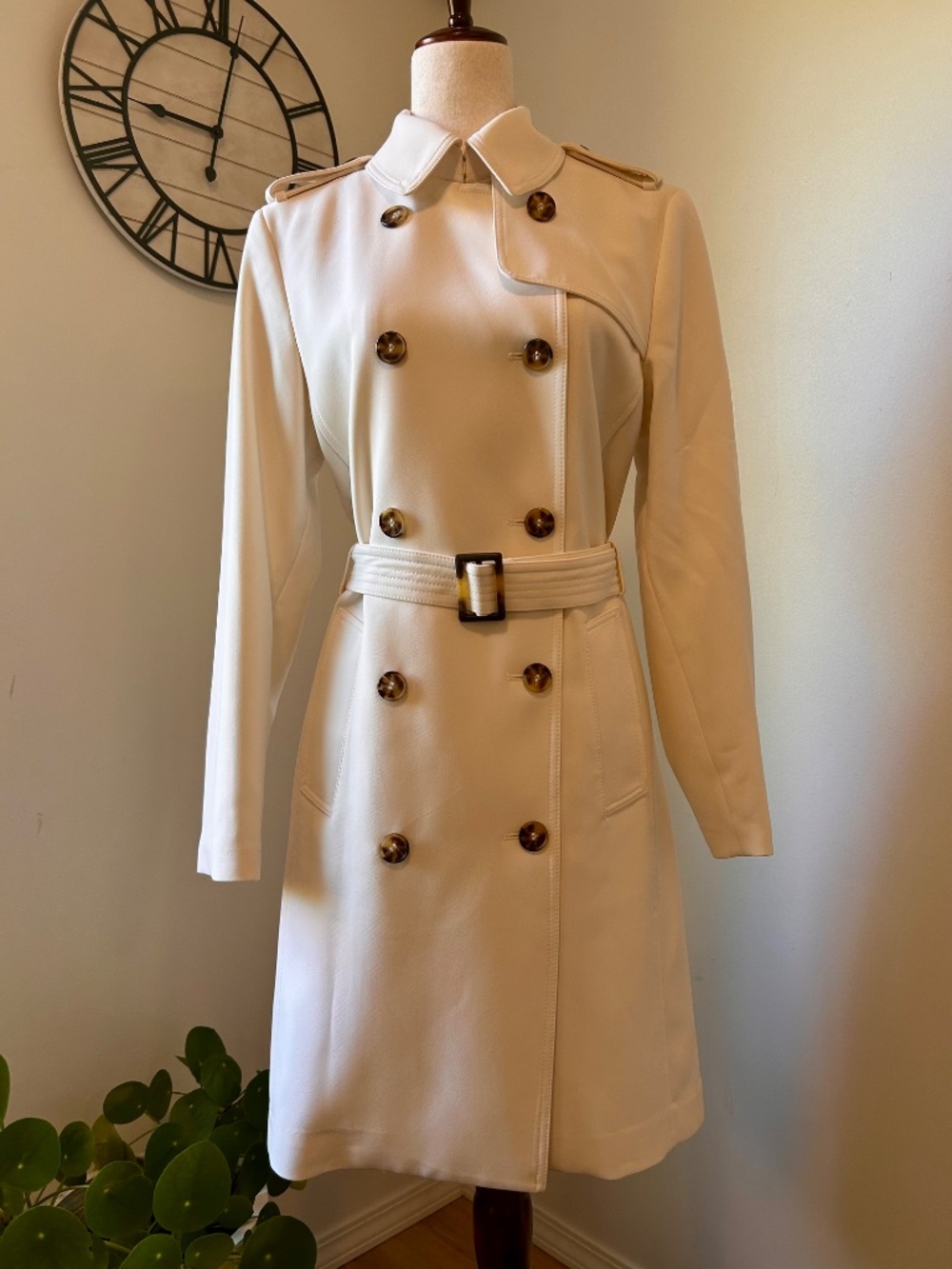 H&M Ivory Structured Knit Double-Breasted Belted Trench Coat  SMALL